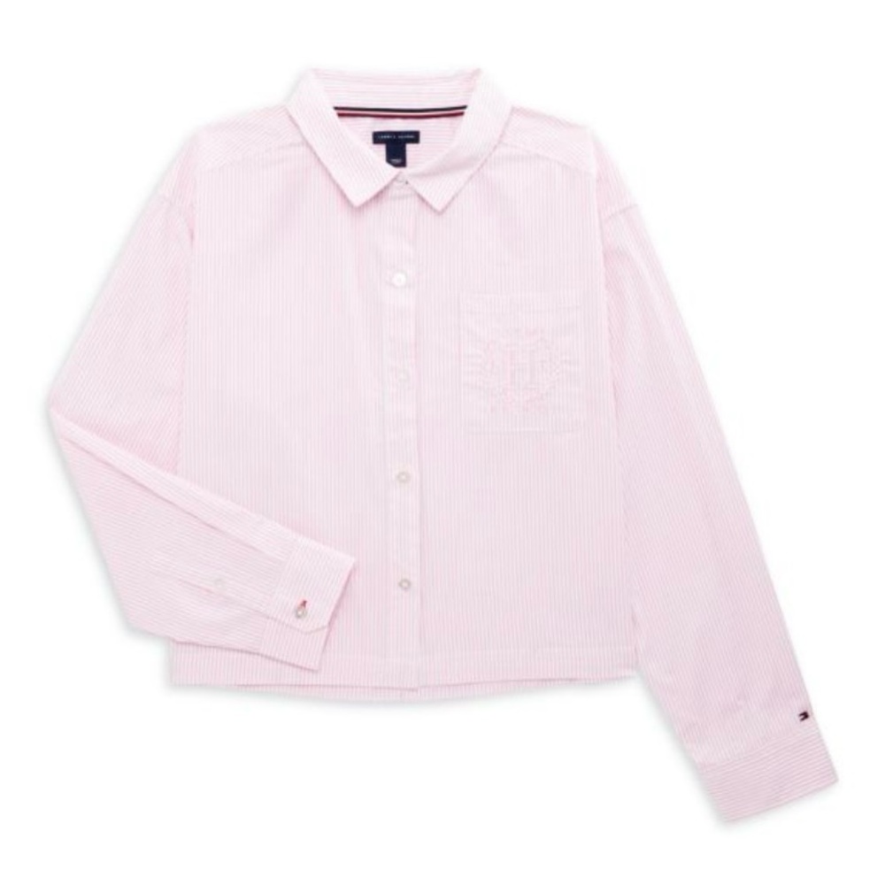 Tommy Hilfiger Pink and white Girl’s Striped button up shirt/Size: Large 12/14